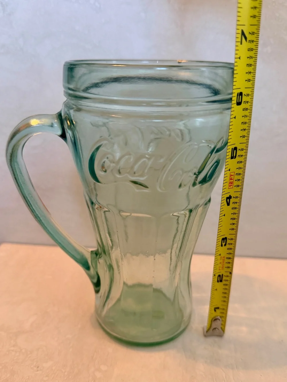 Coca Cola 6.5” Light Green Water Drinking Glass Mug with Handle Unique